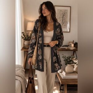 Absolutely Famous Floral Black and Gray Cardigan Open front boho knit lace XL